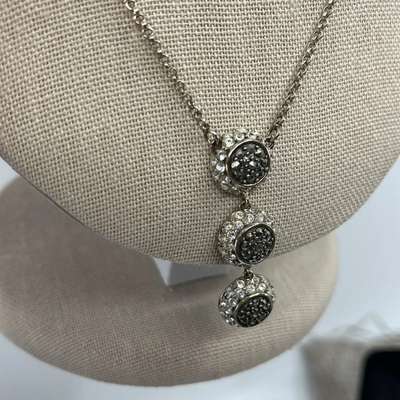 Jewelry - Vintage Sterling Silver Marcasite & CZ's 3 Disk Drop Lavaliere Necklace 17-20"